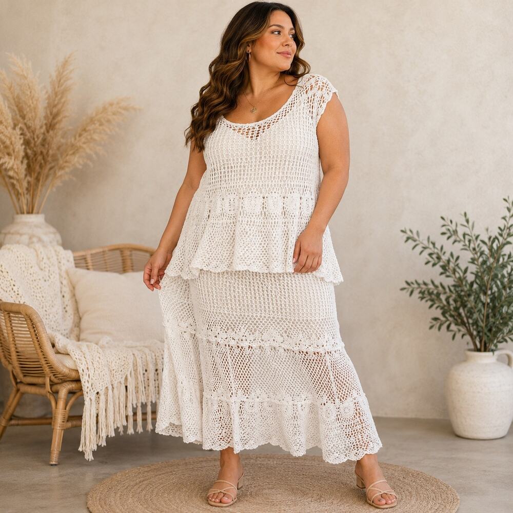 My Collection Woman Crochet 2 Piece Set White Boho Sz 3X NWT